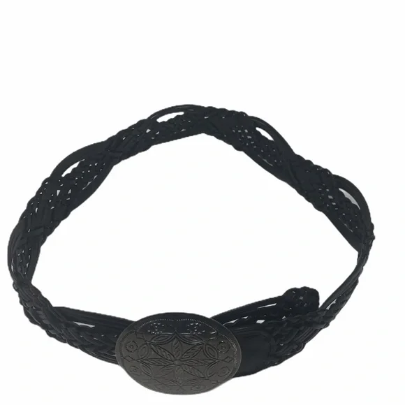 New York & Co Braided Brown Leather Belt Silver Medallion Buckle - Picture 12 of 14